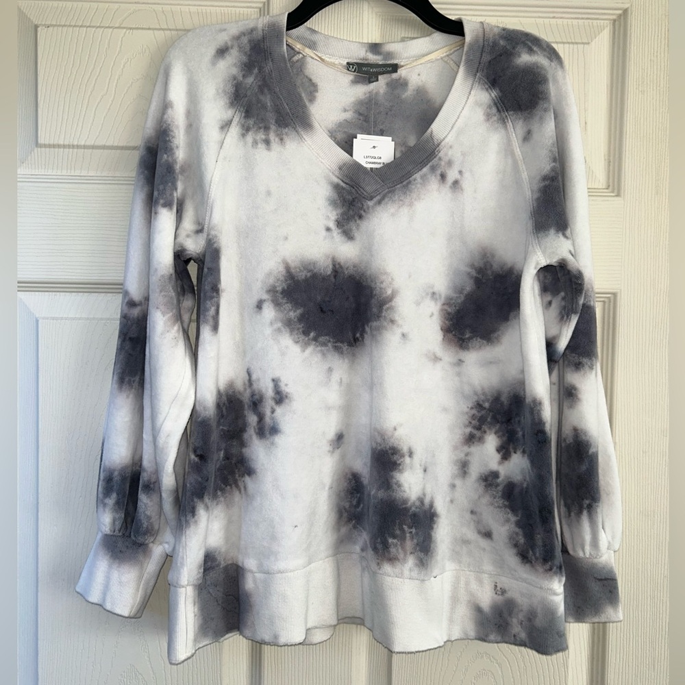 Tie Dye Splatter V Neck Sweater Sz S Nordstrom Accordion Sleeves Soft Grunge NEW